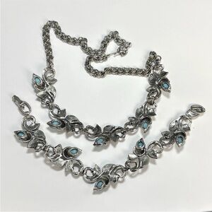 Vintage Bracelet Necklace Set Silvertone Faux Blue Turquoise Faux Pearl  Ornate